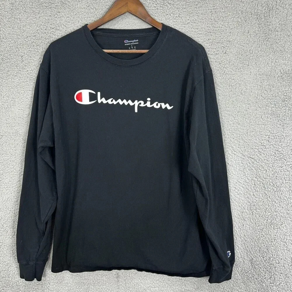 Champion shirt mens large black long sleeve classic spellout logo‎ outdoors gym